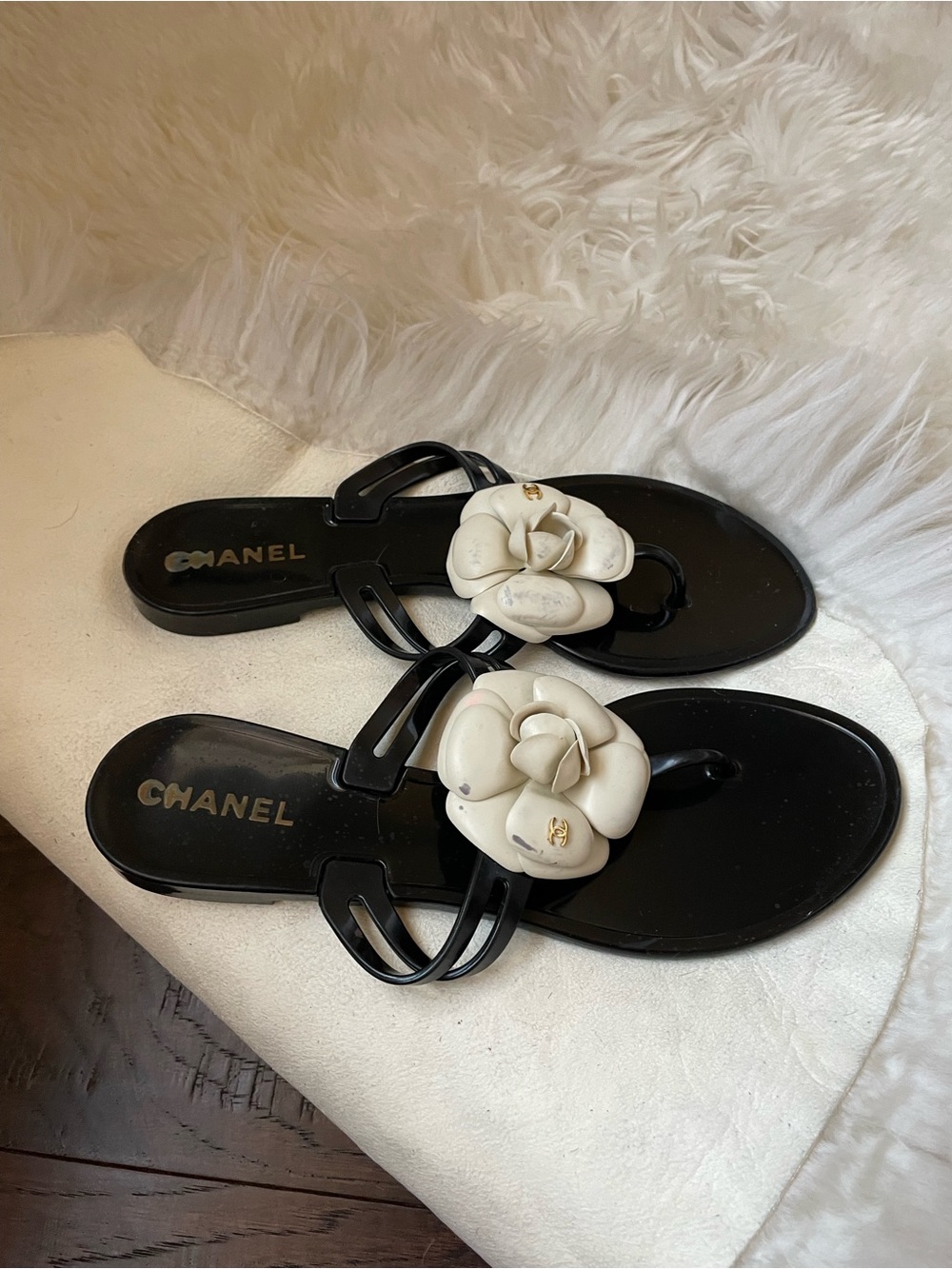 Authentic CHANEL Coco Camellia Sandals black Jelly Flip Flops Women